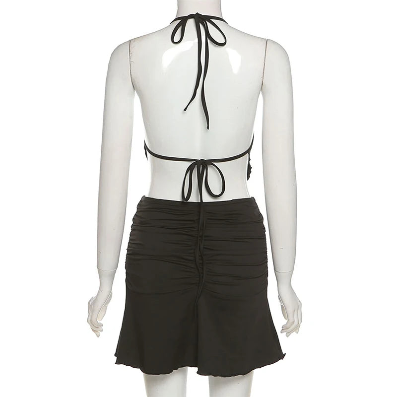 Summer Casual Pleated Skirt Sets Women Sleeveless Camisole And High Waist Short Skirts Suit 90s Y2k Trendy Beach Two-Piece Set