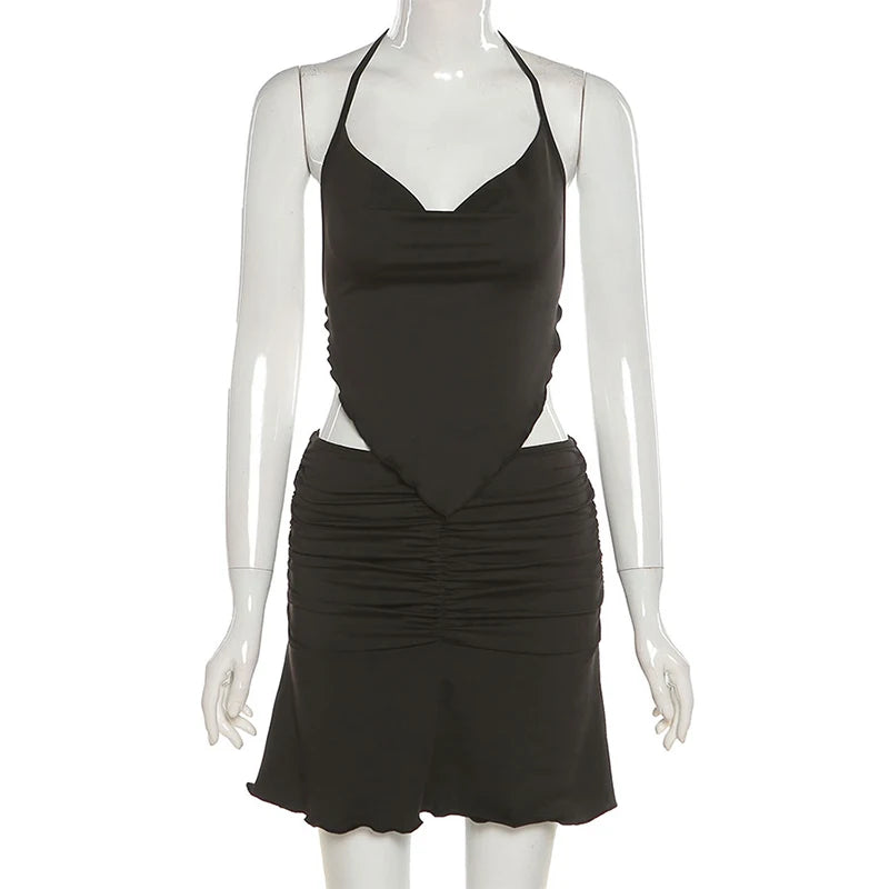 Summer Casual Pleated Skirt Sets Women Sleeveless Camisole And High Waist Short Skirts Suit 90s Y2k Trendy Beach Two-Piece Set