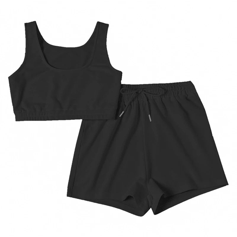 Crop Tops And Drawstring Shorts Set Sexy U-Neck Fitness Tank Top Summer Athleisure Biker Shorts Two Piece Sets Women Streetwear