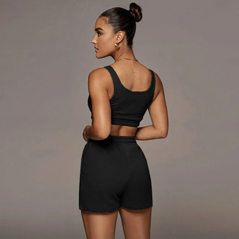 Crop Tops And Drawstring Shorts Set Sexy U-Neck Fitness Tank Top Summer Athleisure Biker Shorts Two Piece Sets Women Streetwear
