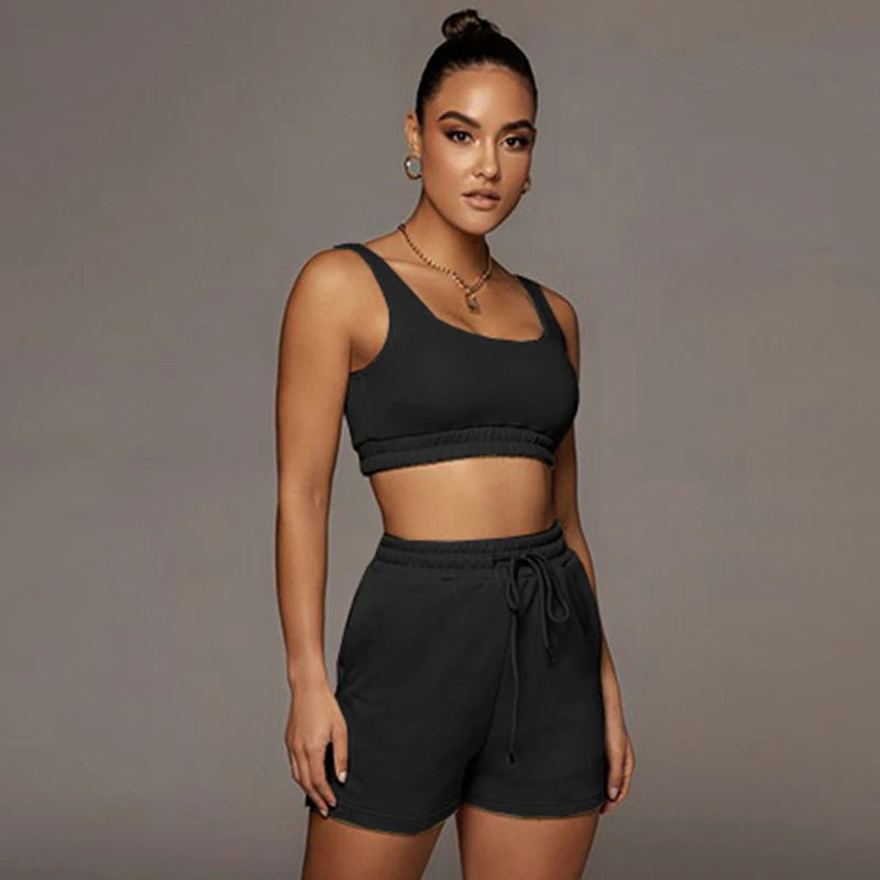 Crop Tops And Drawstring Shorts Set Sexy U-Neck Fitness Tank Top Summer Athleisure Biker Shorts Two Piece Sets Women Streetwear