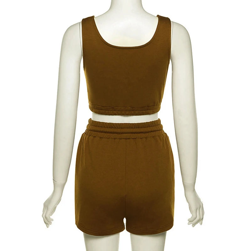 Crop Tops And Drawstring Shorts Set Sexy U-Neck Fitness Tank Top Summer Athleisure Biker Shorts Two Piece Sets Women Streetwear