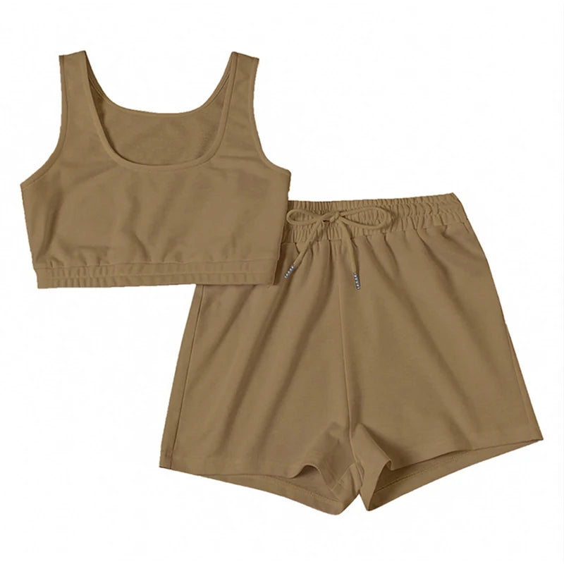Crop Tops And Drawstring Shorts Set Sexy U-Neck Fitness Tank Top Summer Athleisure Biker Shorts Two Piece Sets Women Streetwear