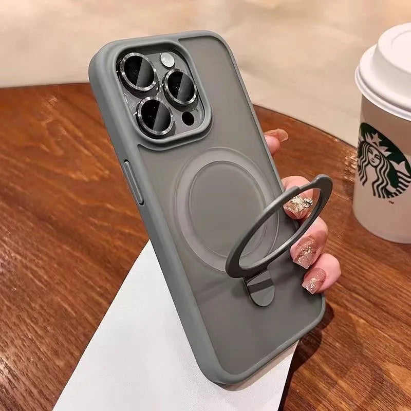 Matte Ring Holder Glass Lens Phone Case For iPhone 16 15 14 13 12 11 17 Pro Max 17 Air 16e For Magsafe Wireless Magnetic Cover