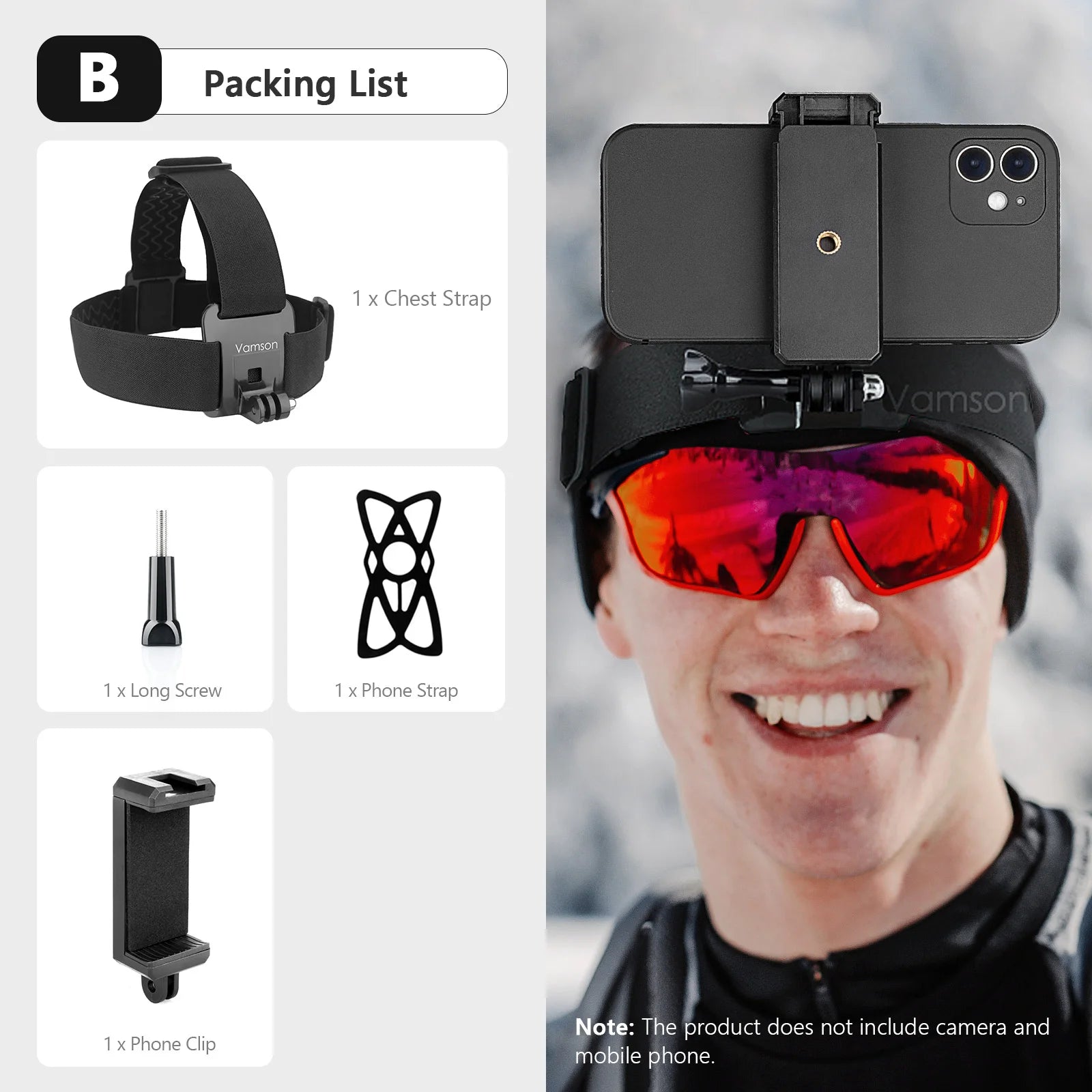 Vamson Head Strap for Gopro Hero 10 9 8 7 6 Camera Accessories Mobile Phone Clip Fix for iPhone 13 12 11 Xiaomi Samsung Huawei