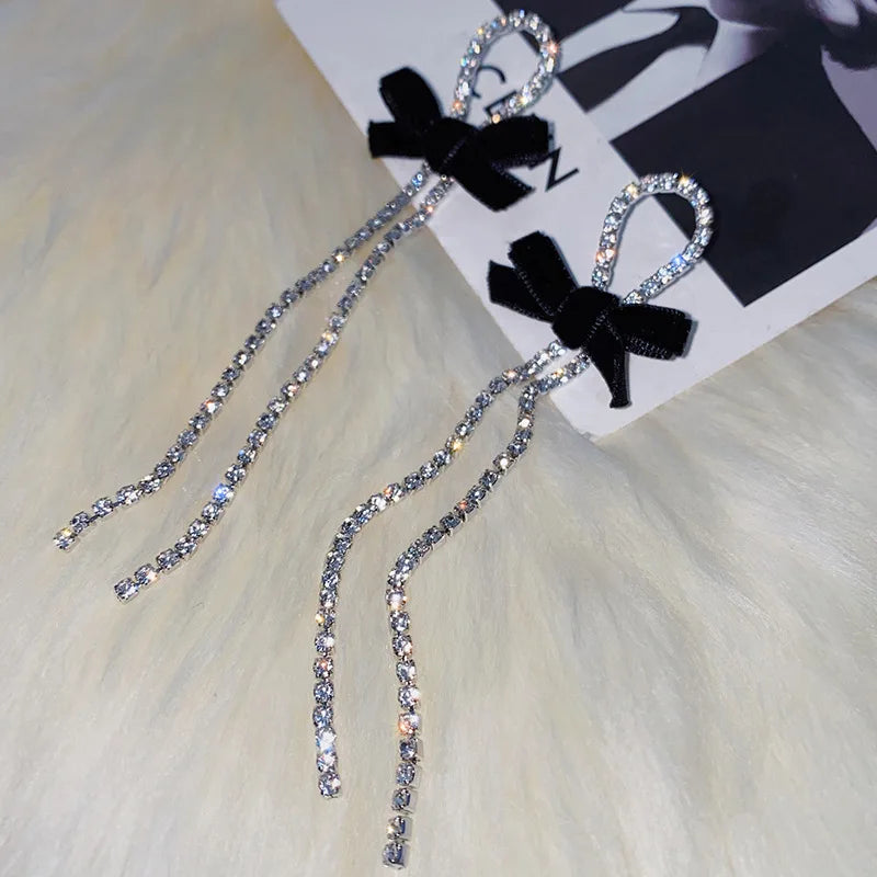 Long Bow Tassel Earrings Crystal Silver Color Drop Earrings for Women Girls Korean Cute Exaggerated Party Accessories