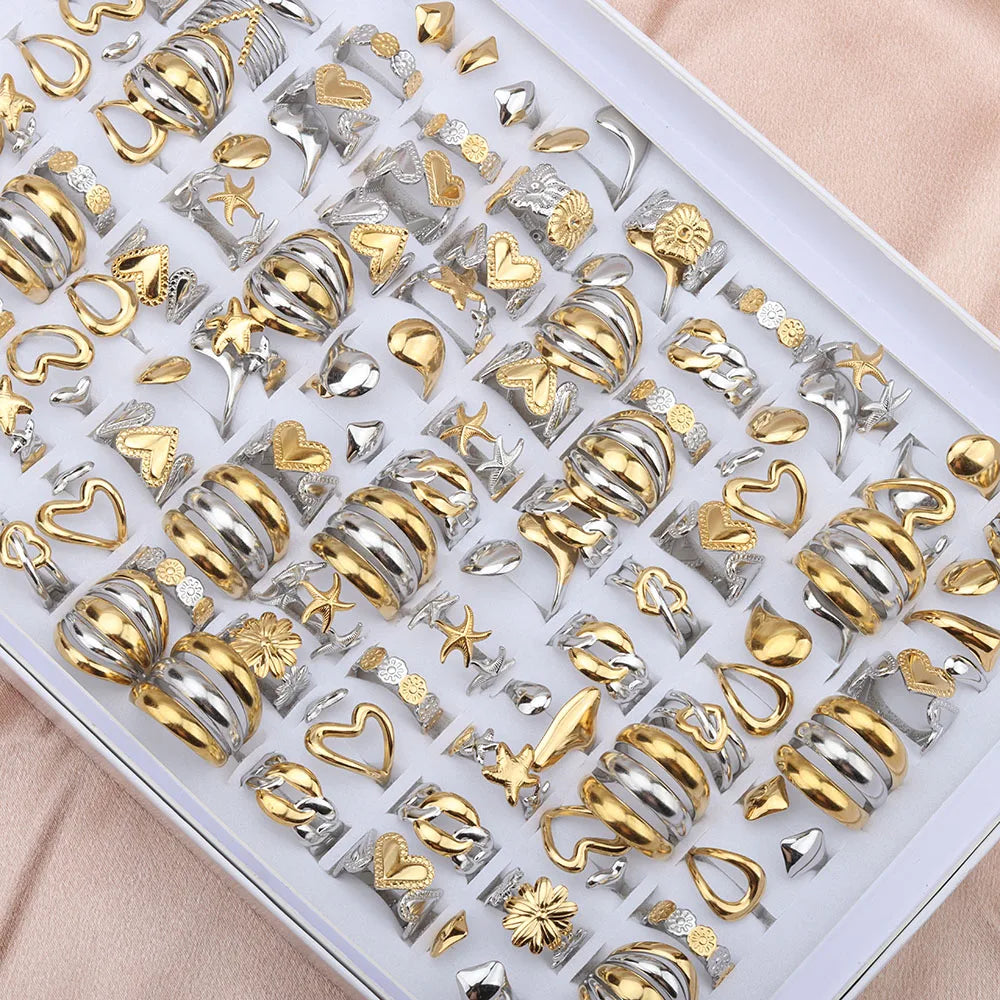 10pcs/lot Wholesale Double Color Adjustable Open Mix Stainless Steel Ring Wedding Engagement Rings Lovers Couples Unisex Jewelry