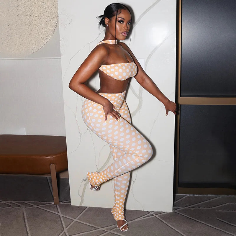 FAGADOER Fashion Polka Dot Print Two Piece Sets Women Sleeveless Backless Tube And Skinny Pants Outfits Sexy Trend Streetwear