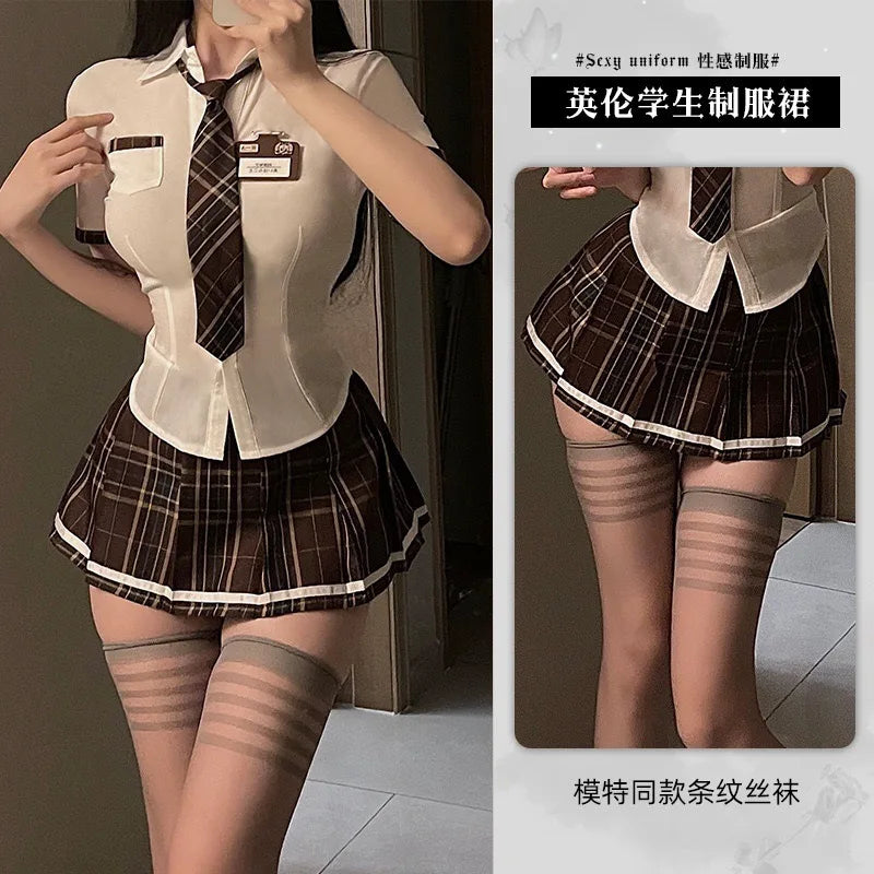 Sexy Jk Uniform Plaid Short Skirt with Bowtie Women's plus Size Polyester Blend Three Quarter Sleeve School Girl Style Dress