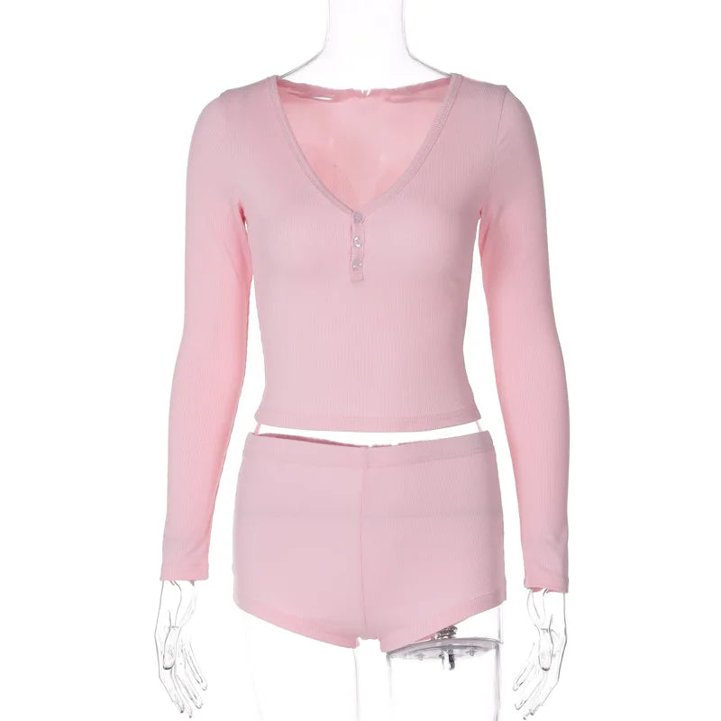 Dulzura 2024 Autumn Women Ribbed 2 Piece Set Long Sleeve T Shirt Micro Shorts Outfits Bodycon Sexy Streetwear Club Matching Suit