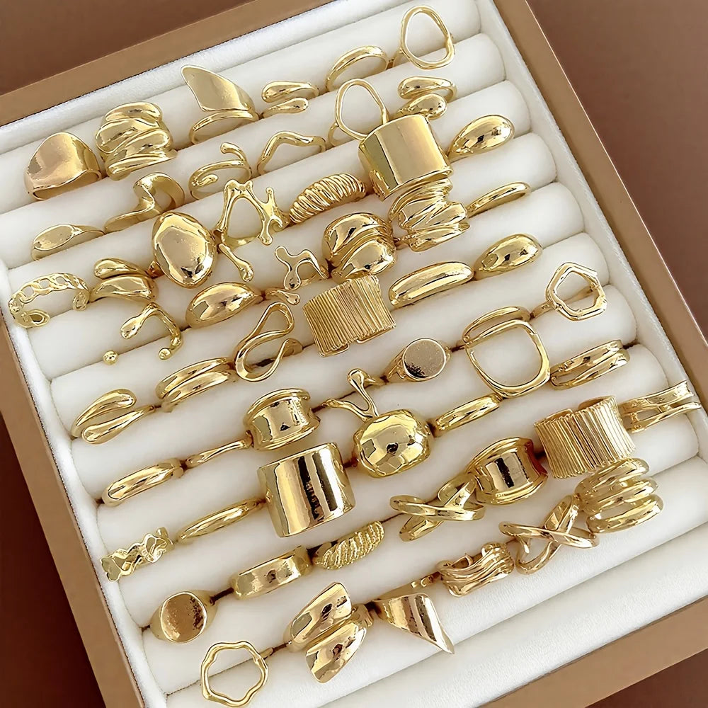 14/15 Pieces of Fashionable, Simple, Elegant, Exquisite, Retro Design, Irregular Shape, Liquid Geometric, Wide, Exaggerated, Sexy, Chubby Rings, Multi-Piece Set, Holiday, Vacation, Party, Date Gift, Daily Wear