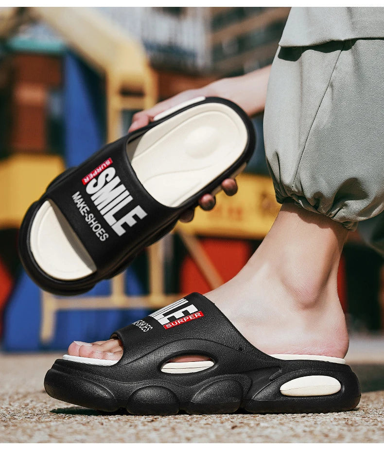 Men Thick Sole Summer Beach Slides Bathroom Anti Slip Slipper Soft Sandals Simplicity Ultra Light Letter Shoes Men Slippers