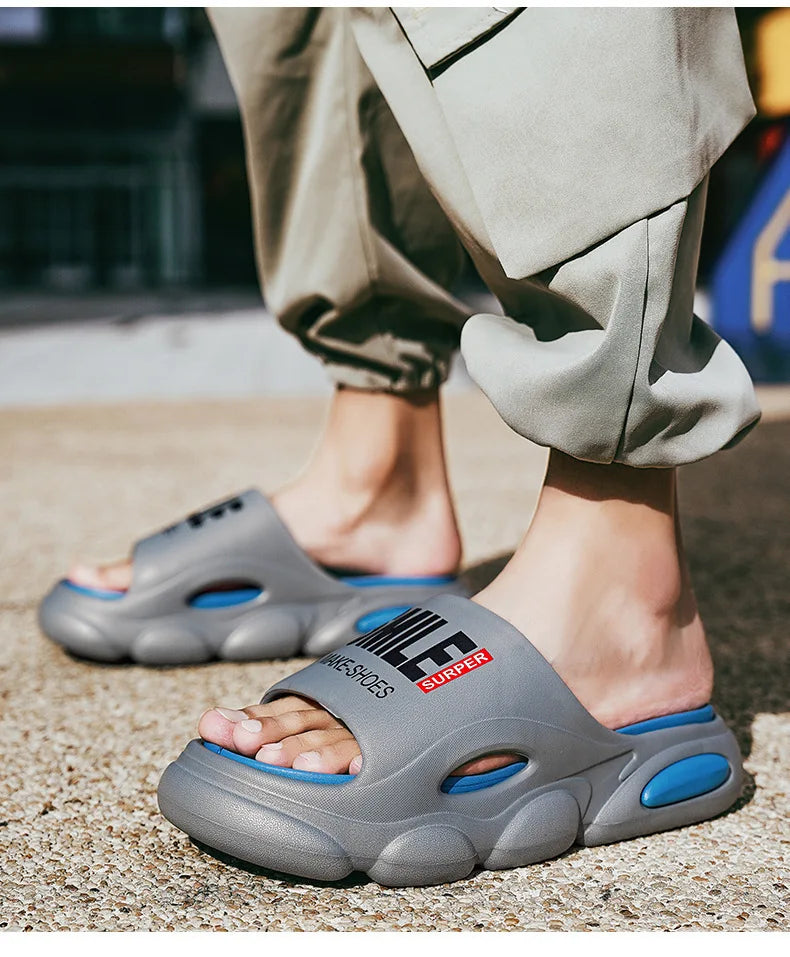 Men Thick Sole Summer Beach Slides Bathroom Anti Slip Slipper Soft Sandals Simplicity Ultra Light Letter Shoes Men Slippers