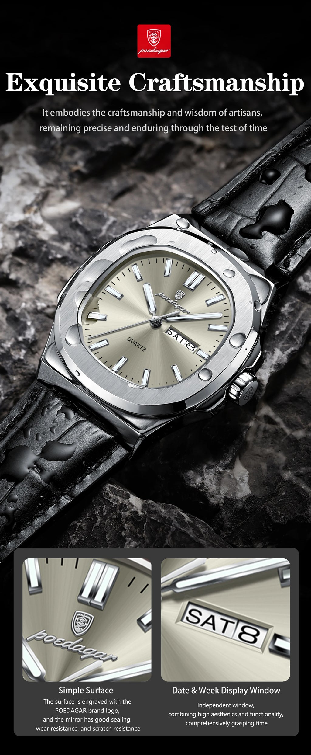 POEDAGAR Fashion Wristwatch For Boyfriend Luminous Waterproof Week Calendar Business Couple Watches Leather Luxury Men's Watches
