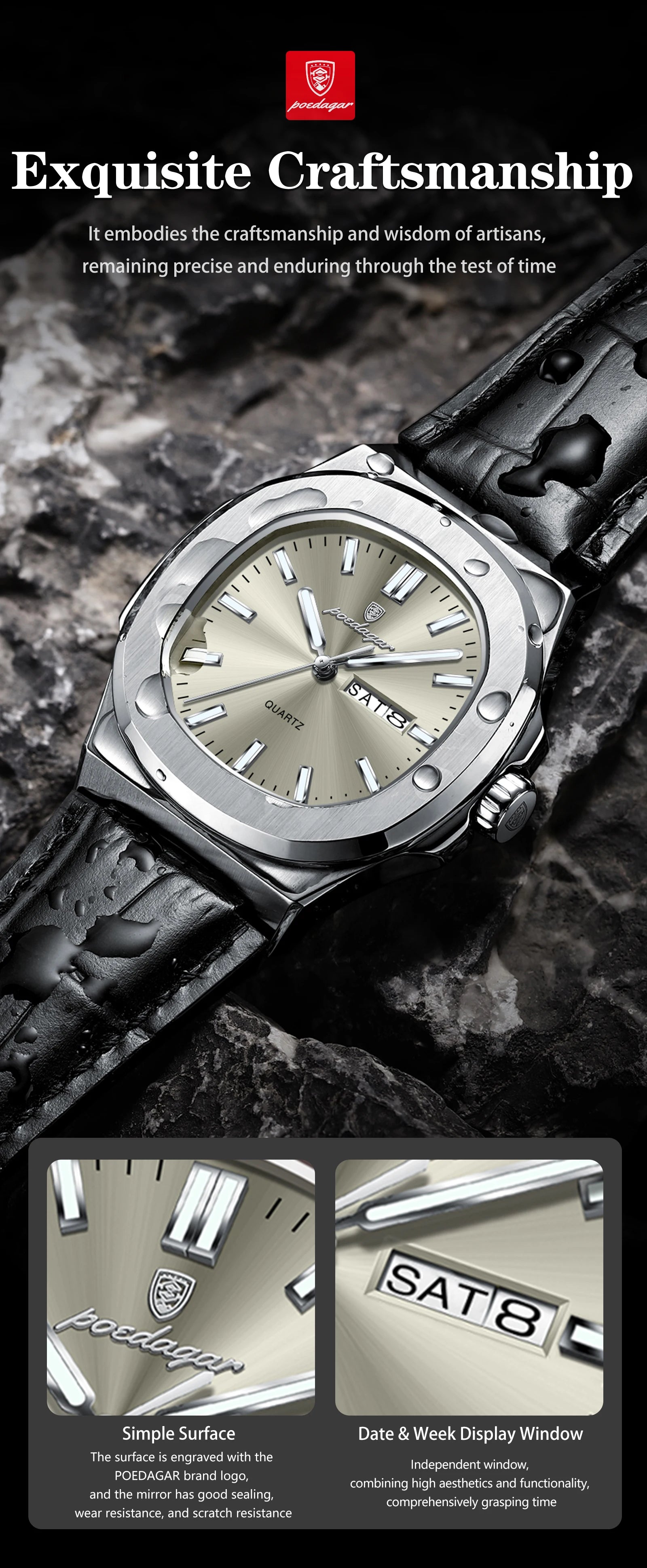 POEDAGAR Fashion Wristwatch For Boyfriend Luminous Waterproof Week Calendar Business Couple Watches Leather Luxury Men's Watches