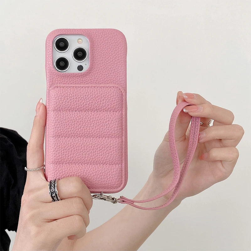 Wrist Strap Wallet Phone Case for iPhone 15 14 13 12 11 Pro Max Luxury Litchi Patterned Shockproof PU Leather Cover