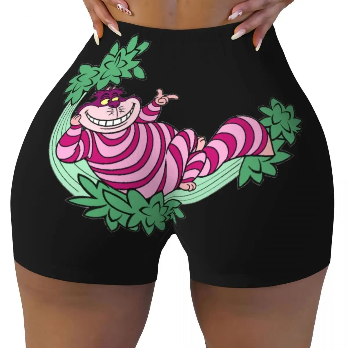 Custom Women's Trippy Striped Cat Workout Yoga Shorts Cheshire Cat Cartoon Gym Athletic Volleyball Biker Shorts