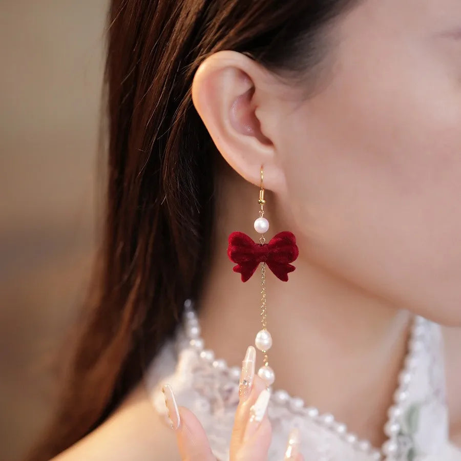 Light Luxury Rhinestone Tassel Flocked Bowknot Earrings Sweet Bow Earring For Women and Girls Party Fashion Jewelry Gifts