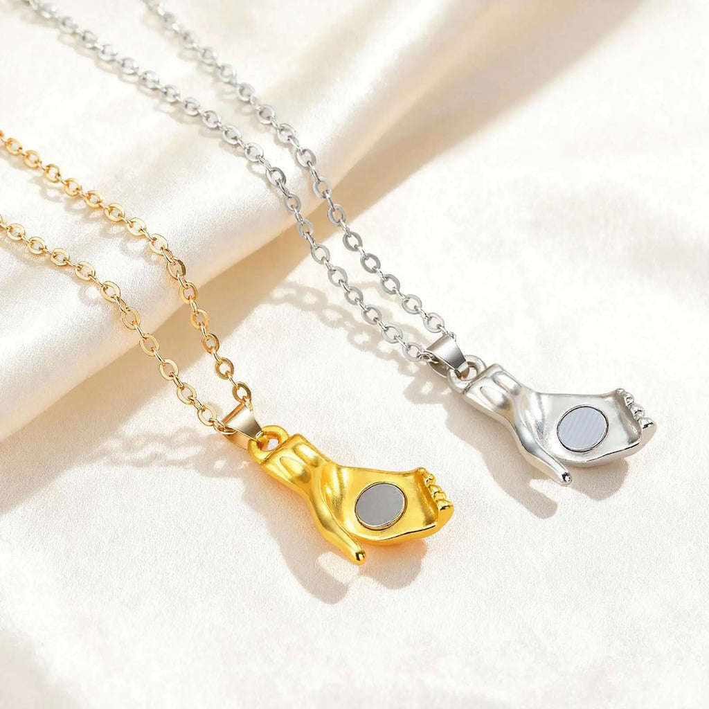 Creative Magnetic Clasp Hold Hand Pendant Necklace, Stainless Steel Hand in Hand Couples Necklace for Lover Valentine's Day Gift