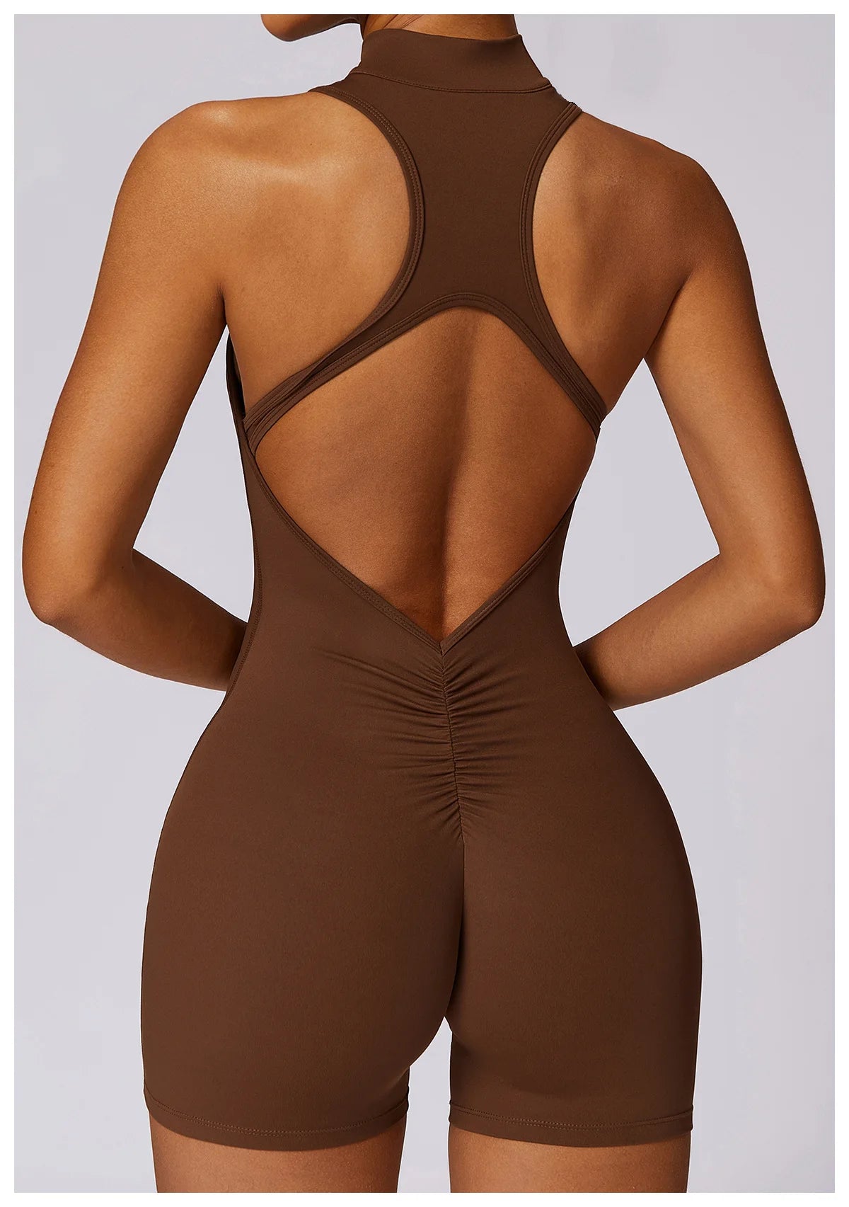 Solid color Backless Back Waist Scrunch Yoga Jumpsuit Short Set Women Zipper Sportswear Fitness One Piece Sports Suit Workout