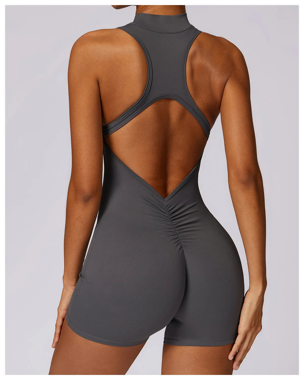 Solid color Backless Back Waist Scrunch Yoga Jumpsuit Short Set Women Zipper Sportswear Fitness One Piece Sports Suit Workout