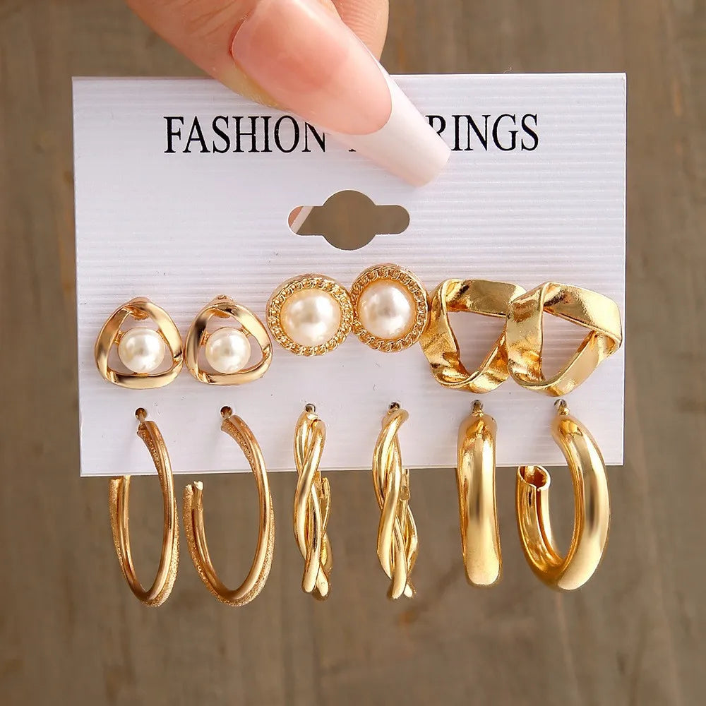 Gold Color Vintage Hoop Earrings Set for Women Boho Metal Circle Geometric Twist Pearl Dangle Earrings Trendy Jewelry Gifts 2023