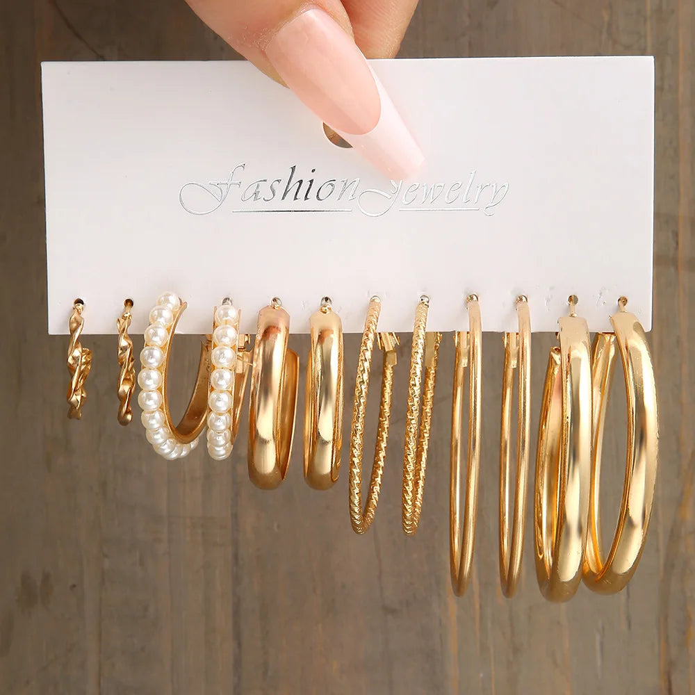 Gold Color Vintage Hoop Earrings Set for Women Boho Metal Circle Geometric Twist Pearl Dangle Earrings Trendy Jewelry Gifts 2023