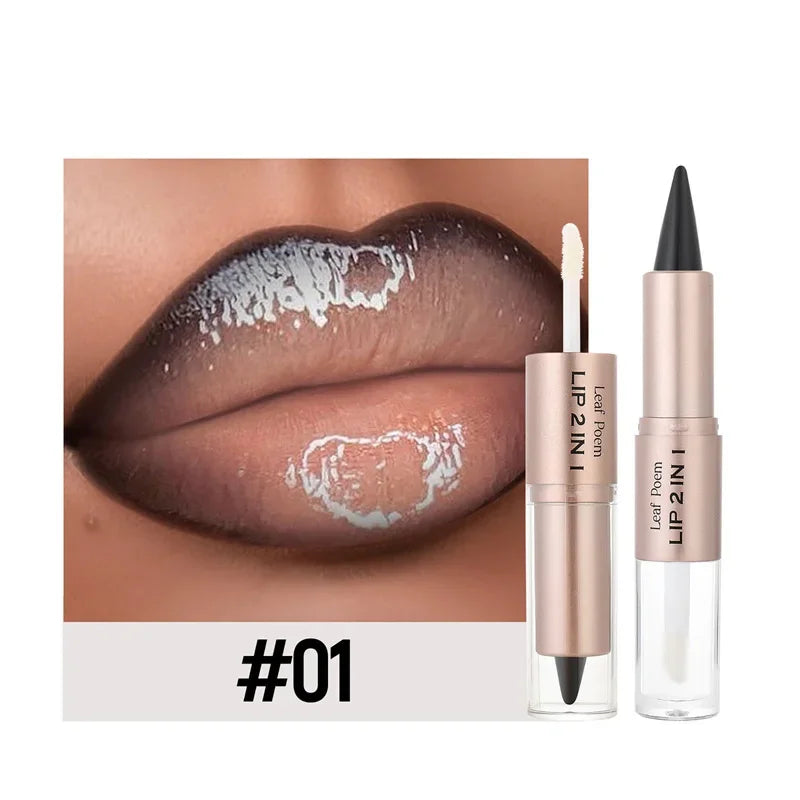 2 in1 Tapered Gradient Lipliner Pen Nude Brown Mirror Glass Lip Gloss Matte Lip Liner Waterproof Lip Contour Non Stick Makeup
