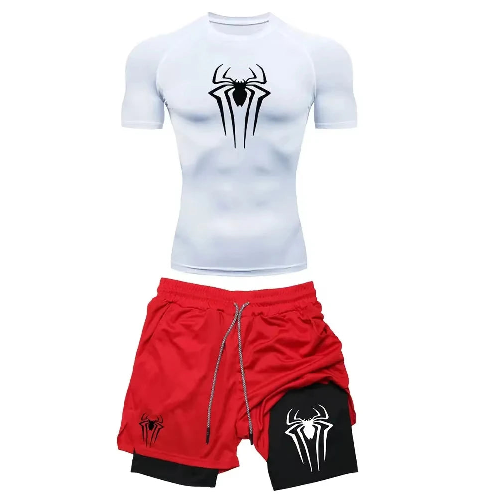 Men's Spider Graphic Workout Set Compression Top & Shorts | Quick Dry Gym Running Fitness outfit ZY0023
