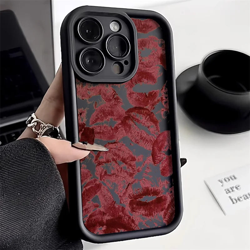 Black Lips Kiss Print Soft Matte Phone Case For iPhone 13 Case iPhone 15 16 14 13 11 12 17 Pro Max 16e XR 7 8 Plus SE Back Cover