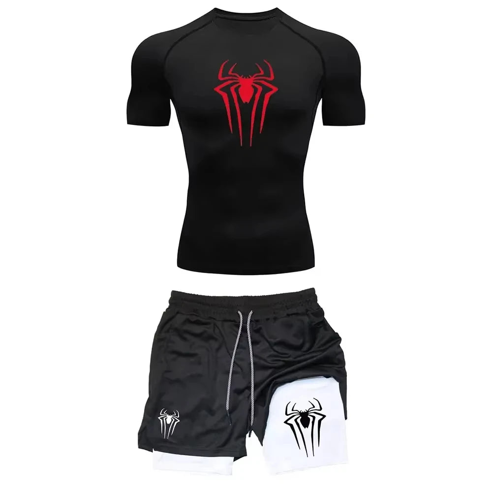 Men's Spider Graphic Workout Set Compression Top & Shorts | Quick Dry Gym Running Fitness outfit ZY0023