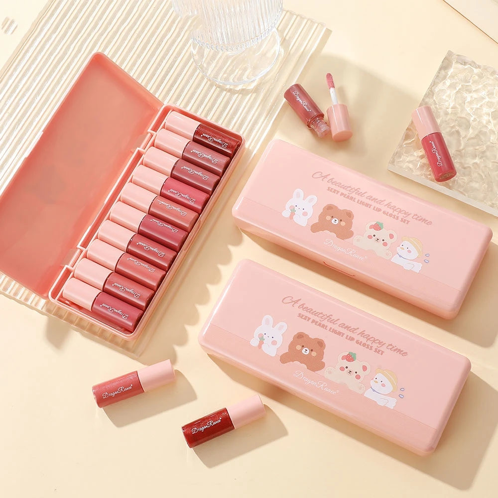 Set of 10 Fine Shimmer Lip Glosses, Easy-To-Apply Lip Glaze, Non-Stick, Non-Fading, Moisturizing, Shiny Lip Gloss, Glass Lip Gloss with Fine Shimmer and Pearlescent Effect