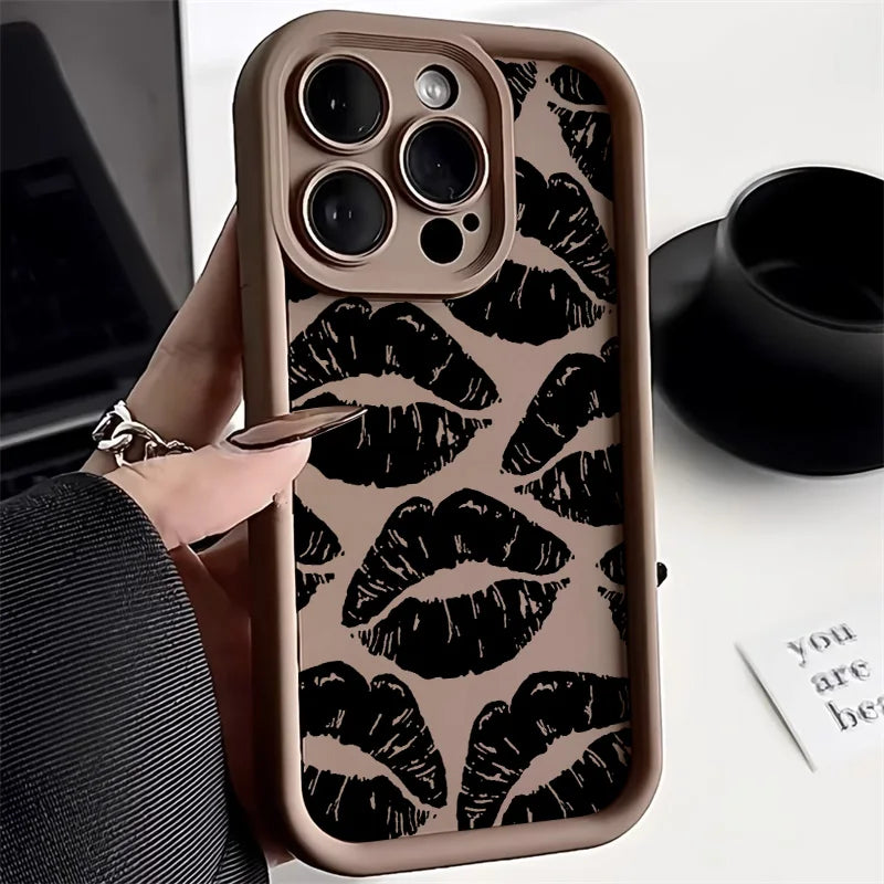 Black Lips Kiss Print Soft Matte Phone Case For iPhone 13 Case iPhone 15 16 14 13 11 12 17 Pro Max 16e XR 7 8 Plus SE Back Cover