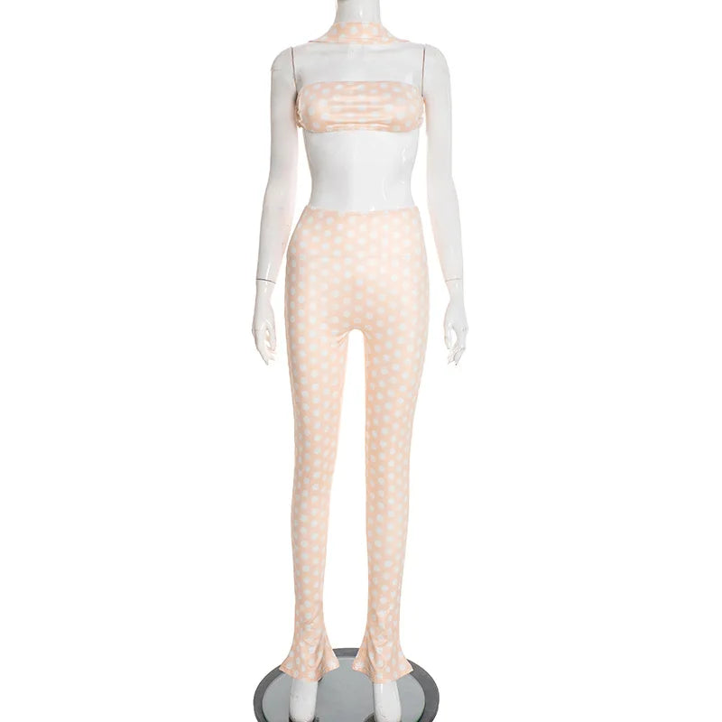 FAGADOER Fashion Polka Dot Print Two Piece Sets Women Sleeveless Backless Tube And Skinny Pants Outfits Sexy Trend Streetwear