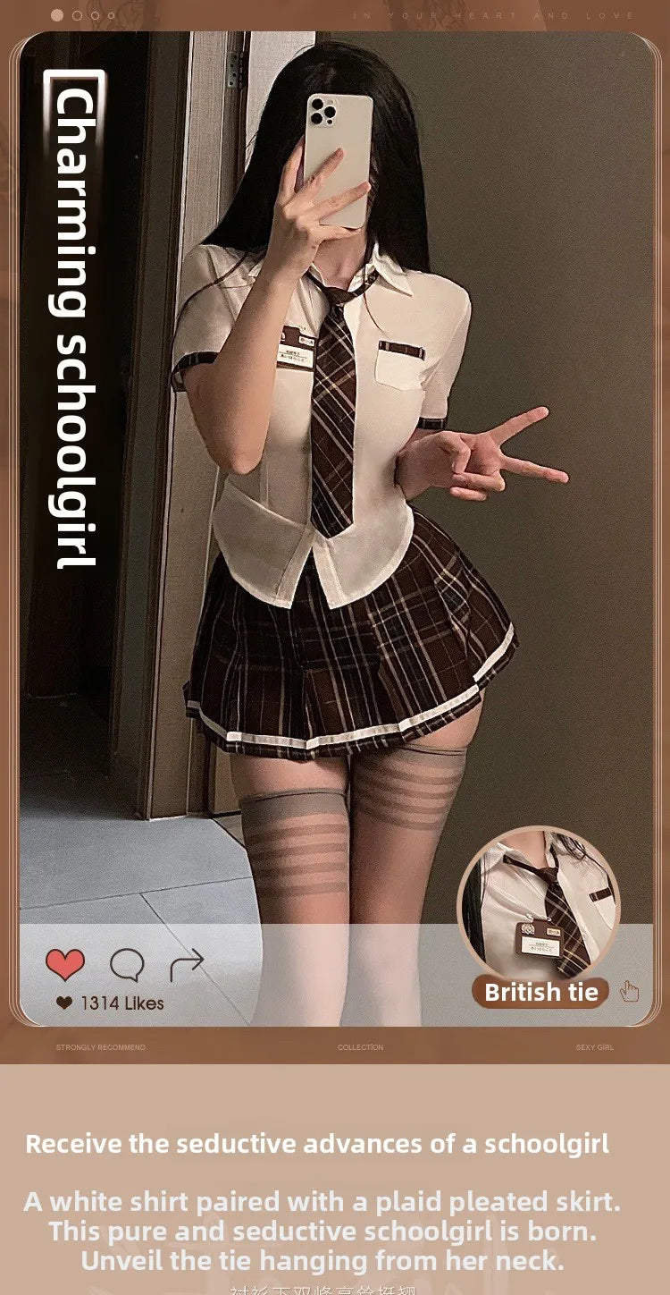 Sexy Jk Uniform Plaid Short Skirt with Bowtie Women's plus Size Polyester Blend Three Quarter Sleeve School Girl Style Dress
