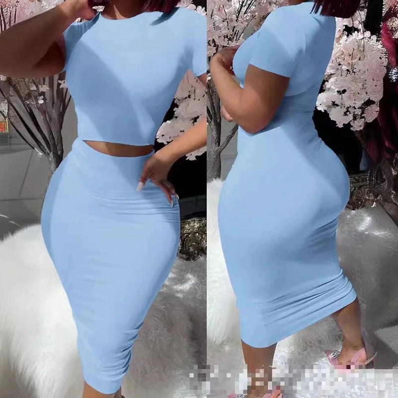 Womens Dress Sets Short Sleeve Crop Tops And Mid Calf Skirt Suit Fashion 2PCS Set Slim Office Lady Summer Suits Clothing QX2413