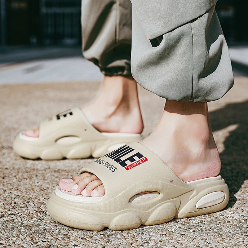 Men Thick Sole Summer Beach Slides Bathroom Anti Slip Slipper Soft Sandals Simplicity Ultra Light Letter Shoes Men Slippers