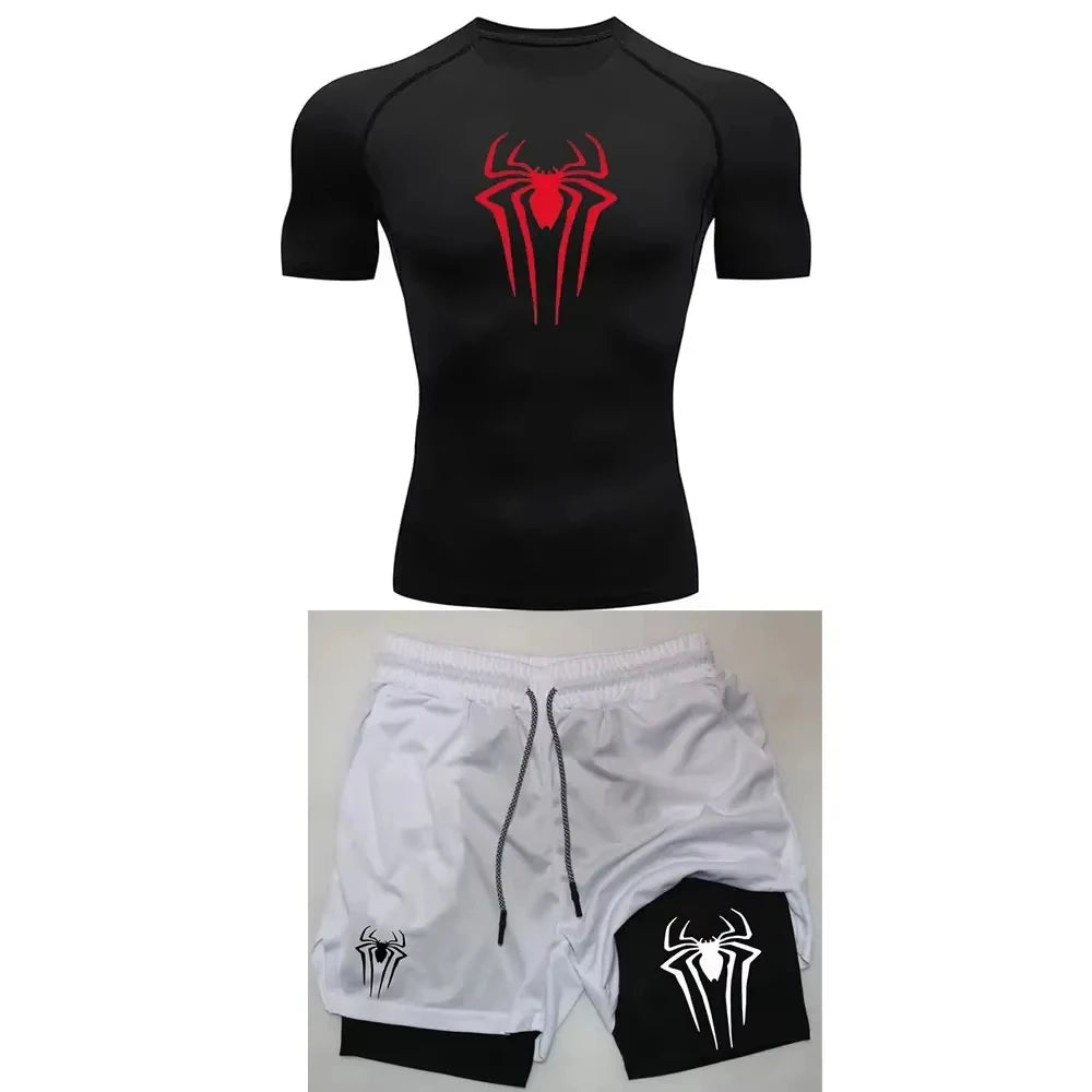 Men's Spider Graphic Workout Set Compression Top & Shorts | Quick Dry Gym Running Fitness outfit ZY0023