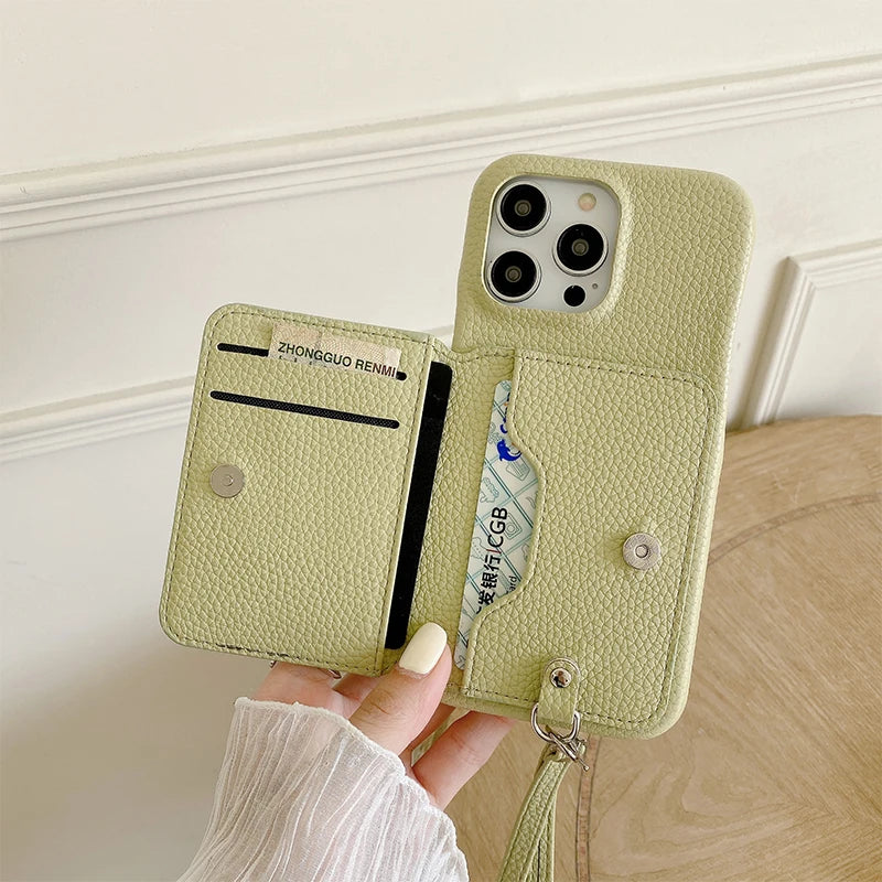 Wrist Strap Wallet Phone Case for iPhone 15 14 13 12 11 Pro Max Luxury Litchi Patterned Shockproof PU Leather Cover