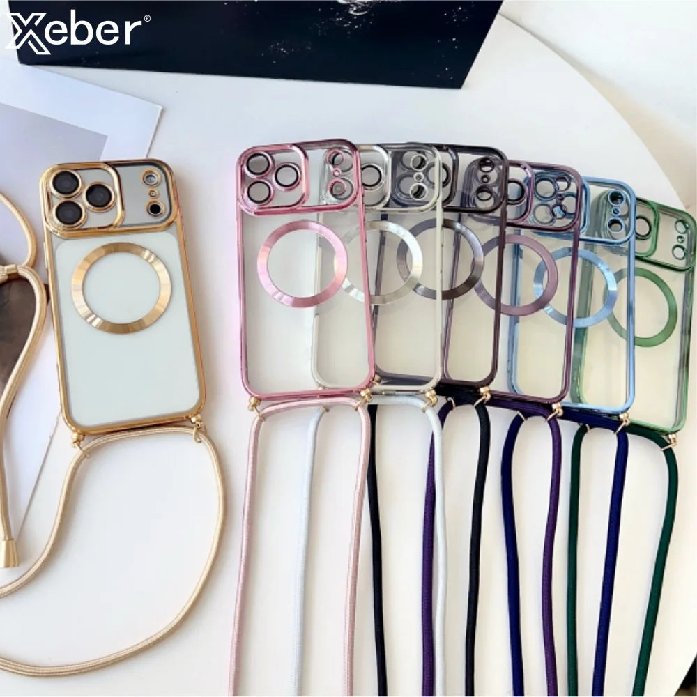 Plating Clear Magnetic For Magsafe Wireless Charging Cases For iPhone 17 16 15 14 12 13 Pro Max Crossbody Lanyard Necklace Cover