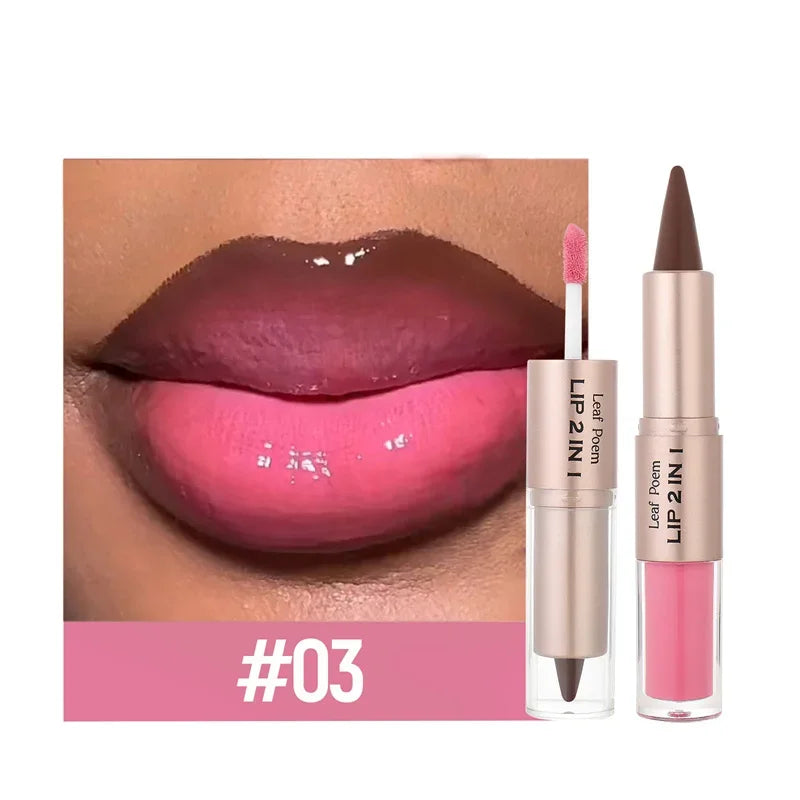 2 in1 Tapered Gradient Lipliner Pen Nude Brown Mirror Glass Lip Gloss Matte Lip Liner Waterproof Lip Contour Non Stick Makeup