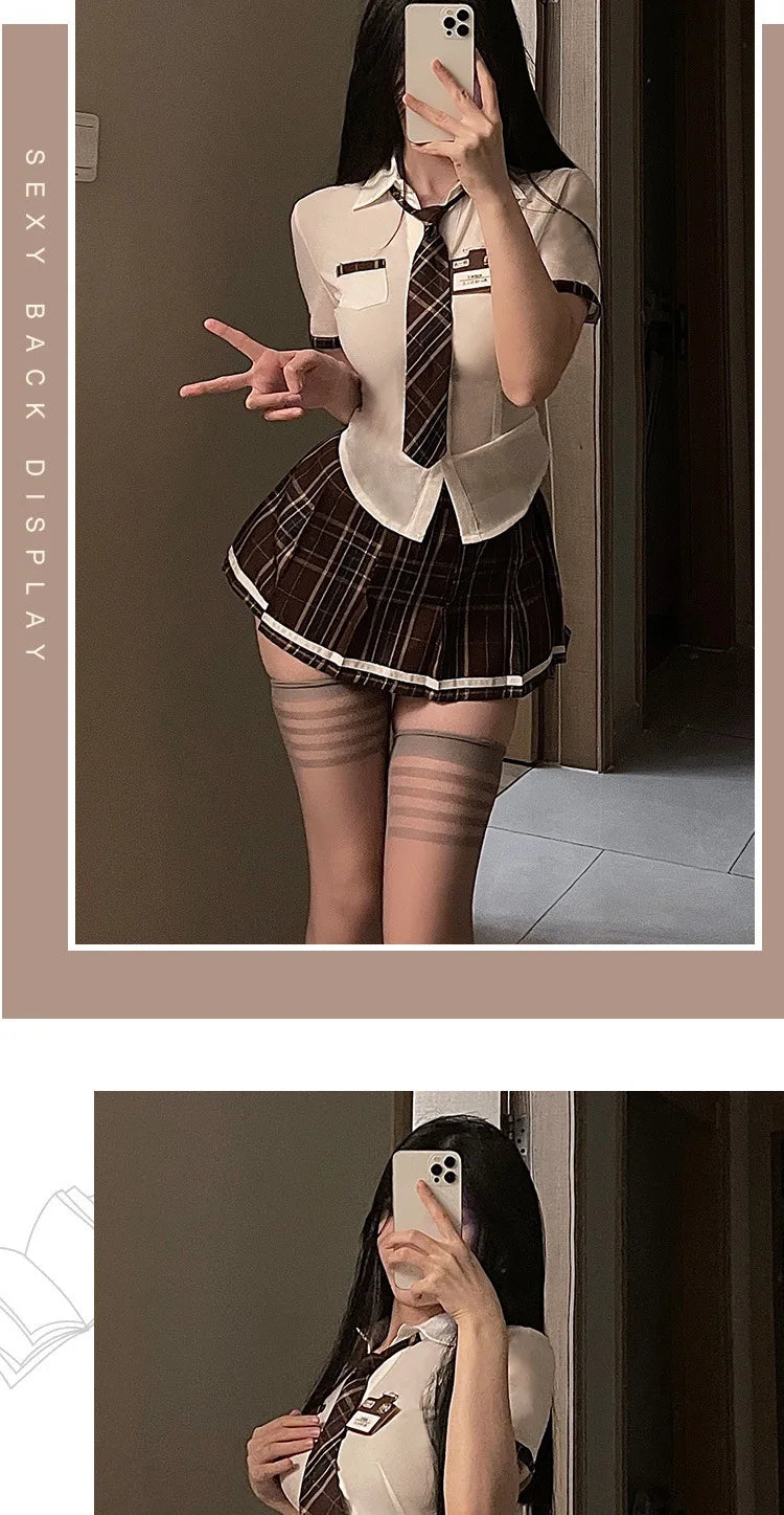 Sexy Jk Uniform Plaid Short Skirt with Bowtie Women's plus Size Polyester Blend Three Quarter Sleeve School Girl Style Dress