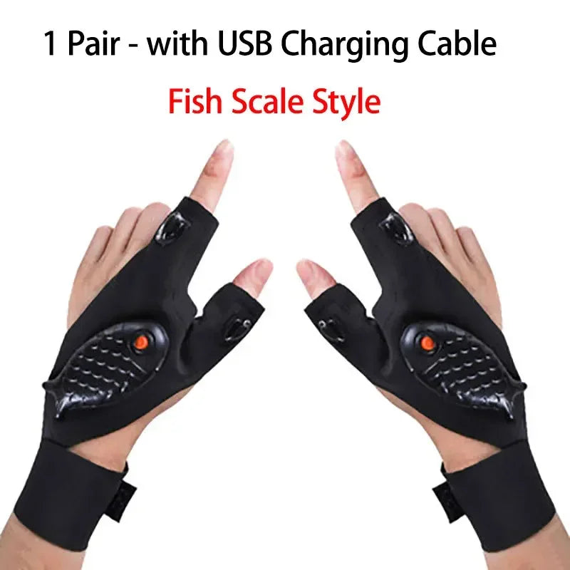 LED Half Finger Glove for Men Women Outdoor Waterproof Night Fishing Bait Cycling Running Flashlight Durable Fingerless Gloves