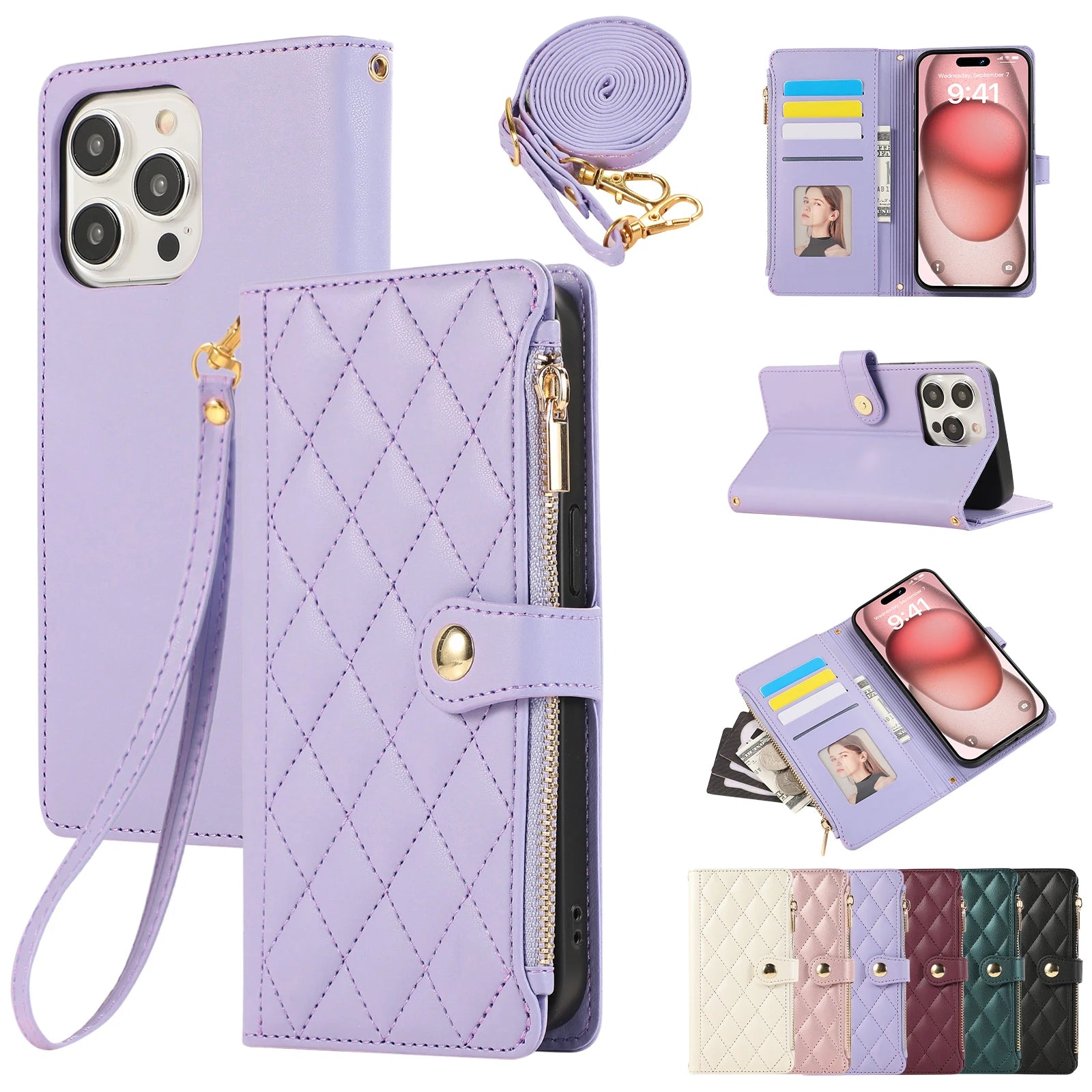 Crossbody Zipper Cards Solt Wallet Leather Case For iPhone 16 Pro Max 15 Plus 14 13 12 11 SE2022 Bag Purse Flip Book Strap Cover