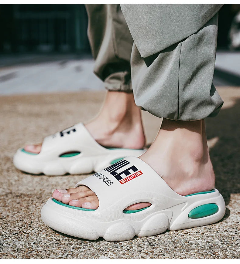 Men Thick Sole Summer Beach Slides Bathroom Anti Slip Slipper Soft Sandals Simplicity Ultra Light Letter Shoes Men Slippers