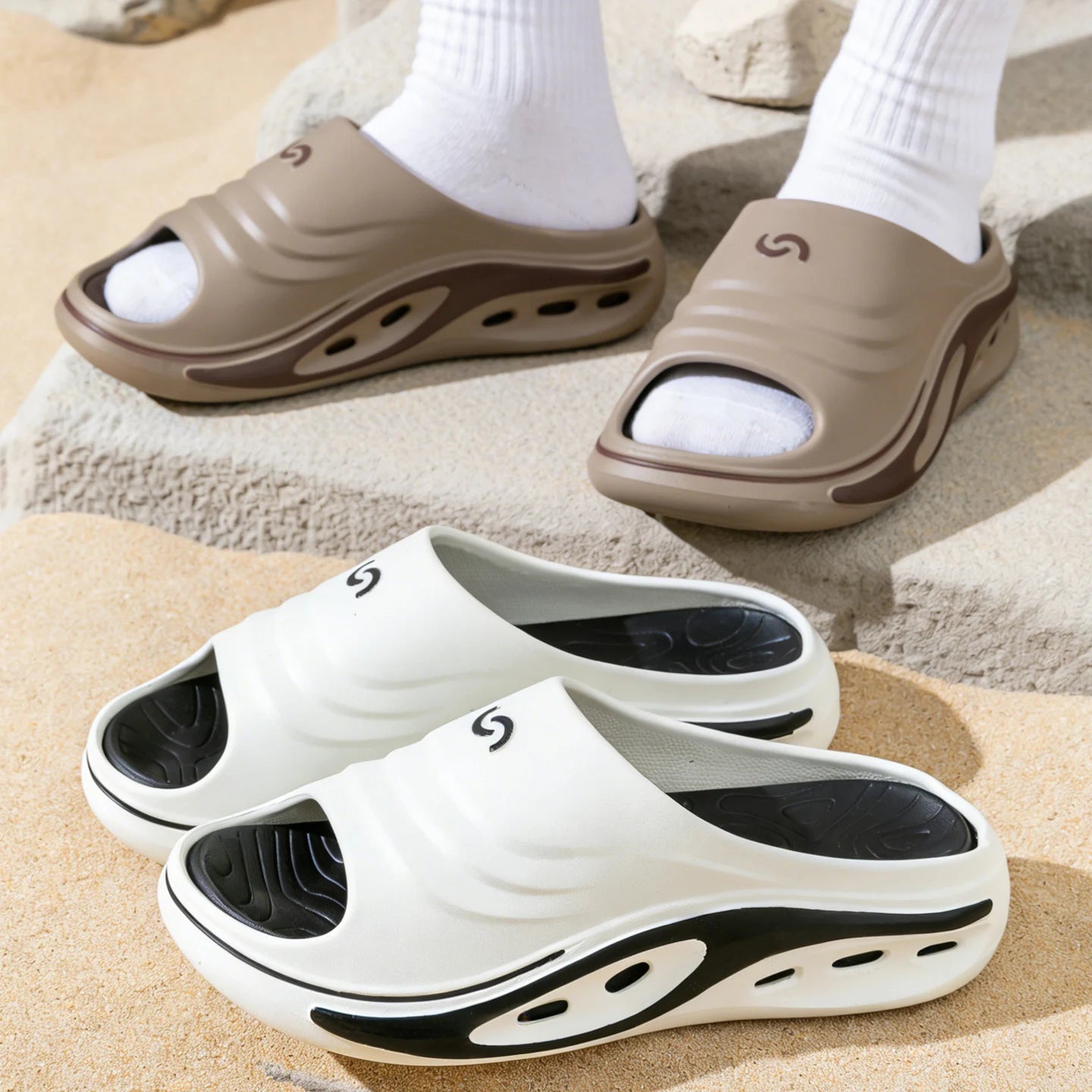 Men's Outdoor Slides Summer Thick Sole Sandals, Non-Slip Durable Beach Flip Flops, Open Toe Fashion Casual Sports Slippers