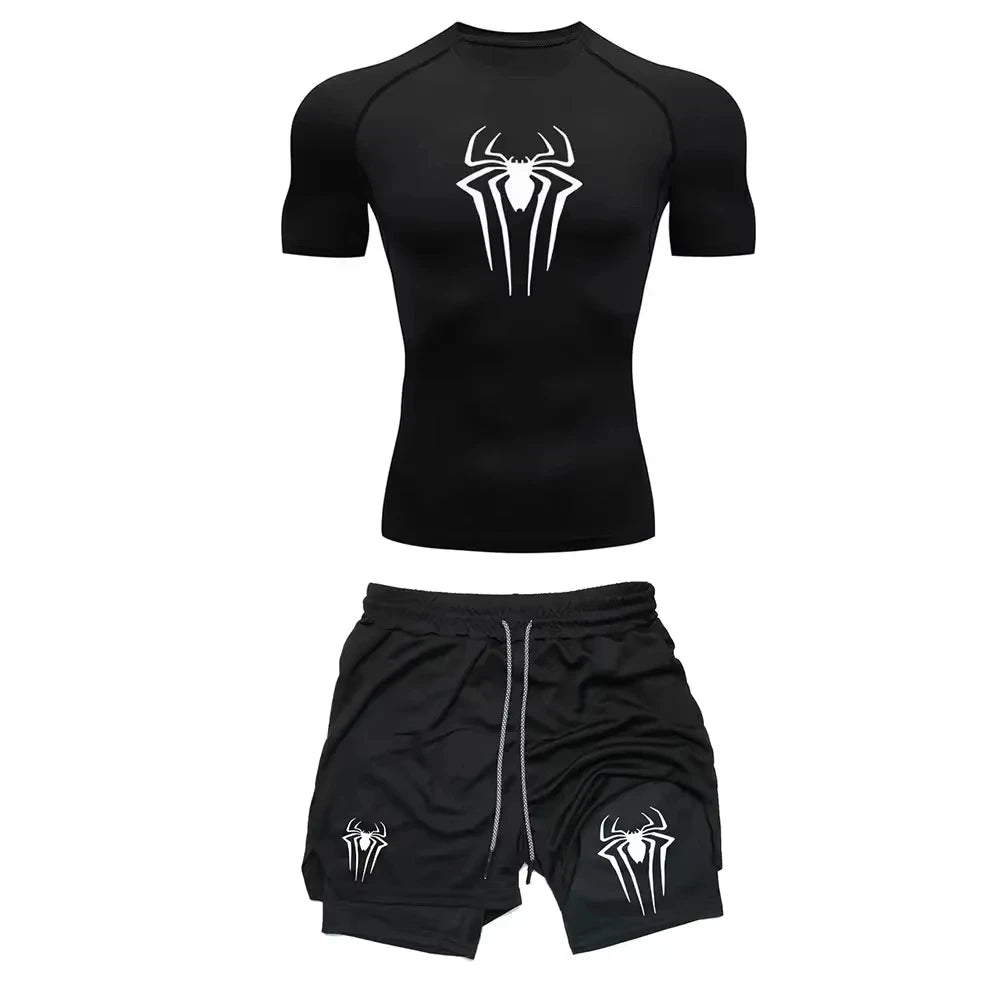 Men's Spider Graphic Workout Set Compression Top & Shorts | Quick Dry Gym Running Fitness outfit ZY0023