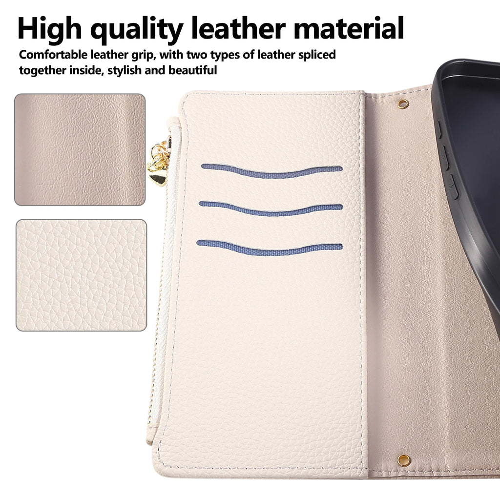 Crossbody Zipper Cards Holder Leather Wallet Book Case For iPhone 16 Pro Max 15 Plus 14 13 12 17 16E XS Long Lanyard Bag Cover