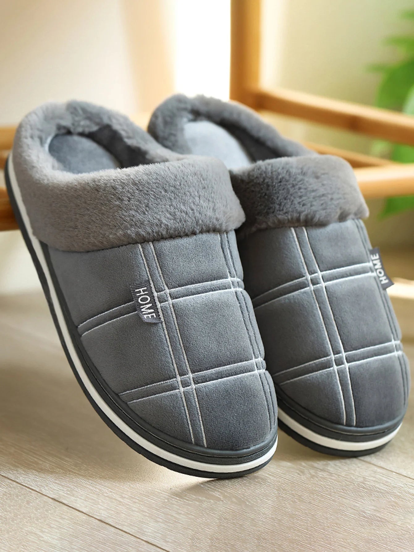 House slippers for men Plaid Warm Soft Comfortable Non Slip Living room Shoes Sturdy Sole Big Size 40-50