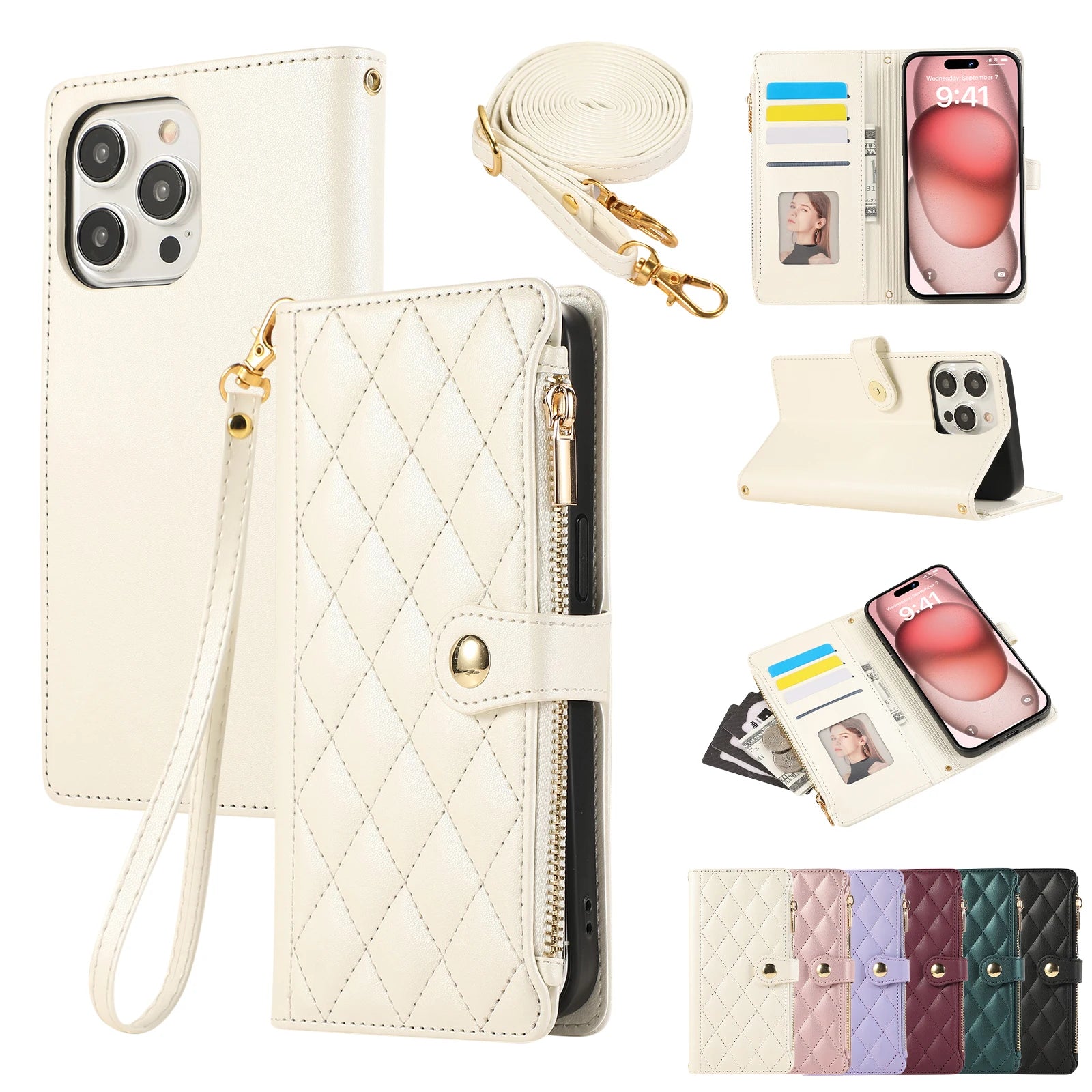 Crossbody Zipper Cards Solt Wallet Leather Case For iPhone 16 Pro Max 15 Plus 14 13 12 11 SE2022 Bag Purse Flip Book Strap Cover